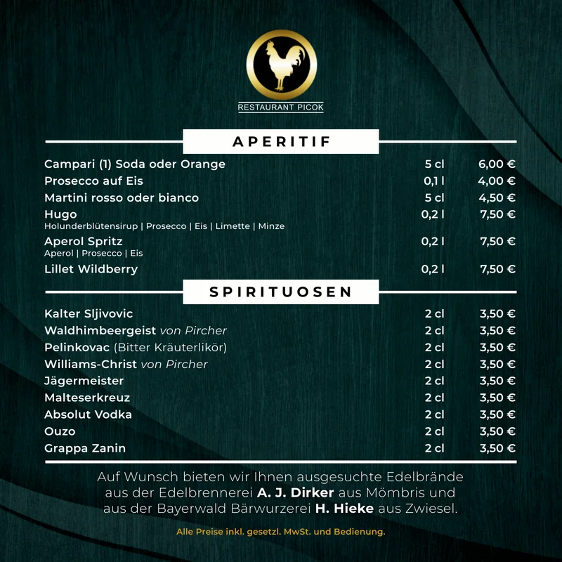 Drinks menu for Restaurant Picok