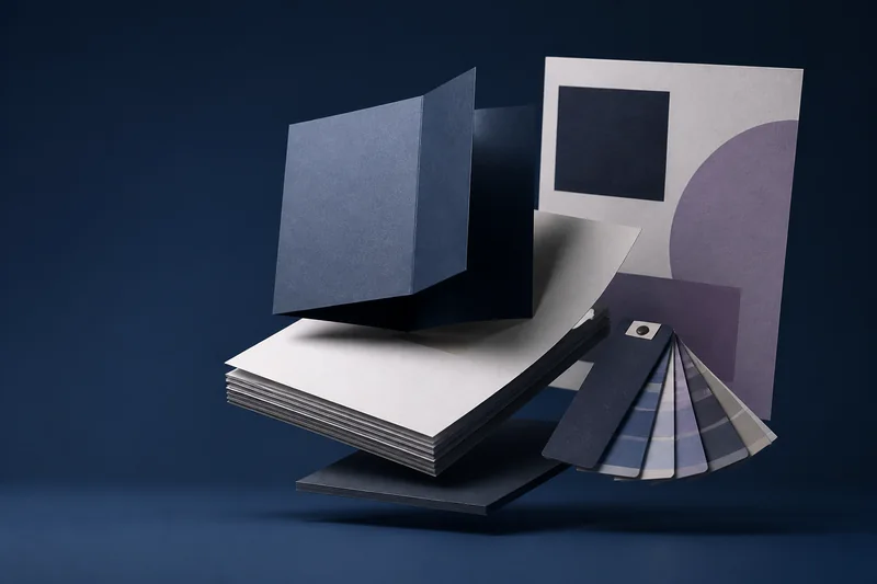 Abstrakte 3D-Darstellung aus Papier, Broschüre und Farbmustern