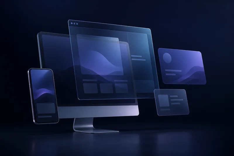 Abstrakte 3D-Darstellung aus Monitor, Smartphone und Web-Interface