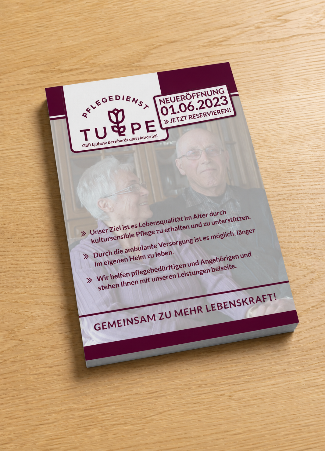 A5 information flyer for Pflegedienst Tulpe