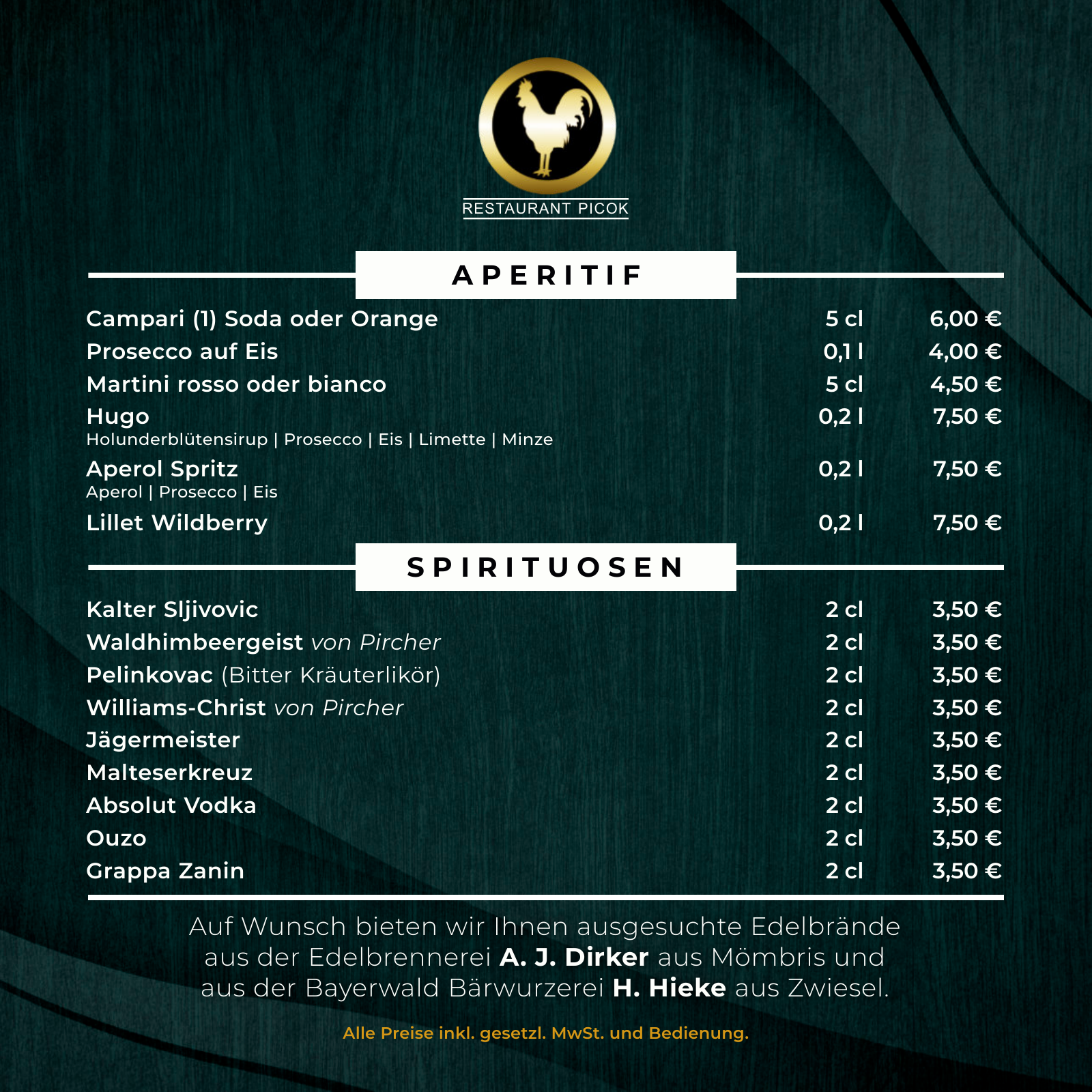 Drinks menu for Restaurant Picok